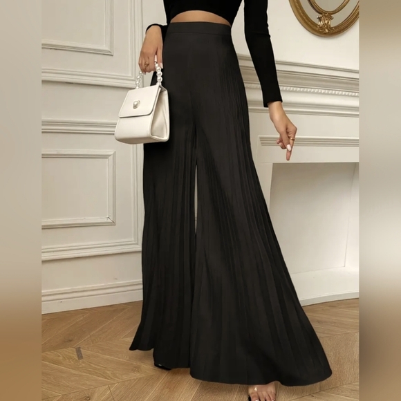 Pants - Wide Leg Black Dress Pants with Pleated Details